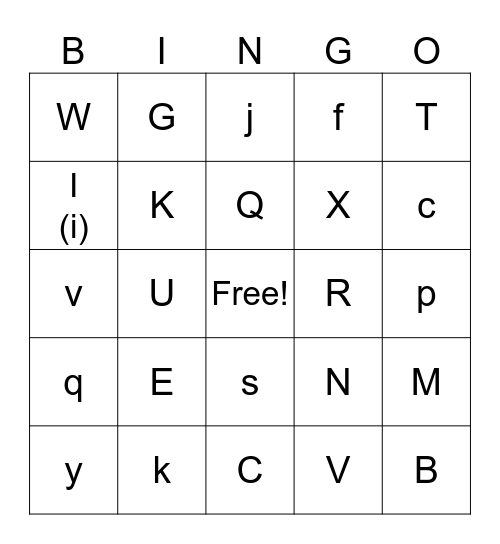 Upper and Lowercase Alphabet Bingo Card