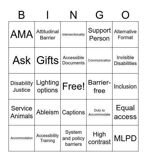 Accessibility Bingo Card