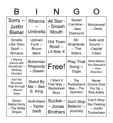 Music Hits Bingo Card