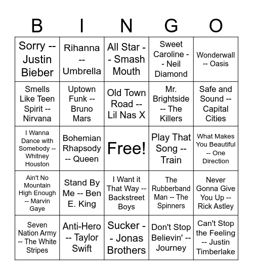 Music Hits Bingo Card