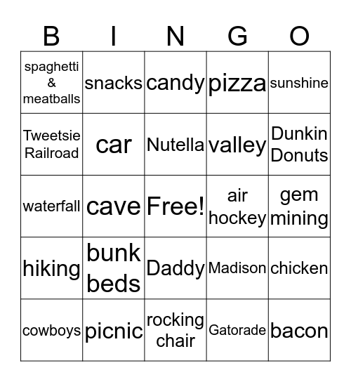 Summer Vacation Bingo Card