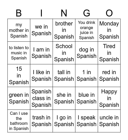 Spanish Bingo Card