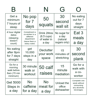 BE FIT CHALLENGE Bingo Card