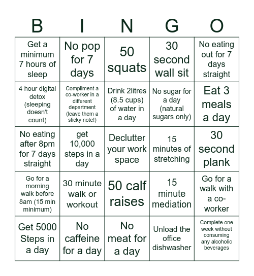 BE FIT CHALLENGE Bingo Card