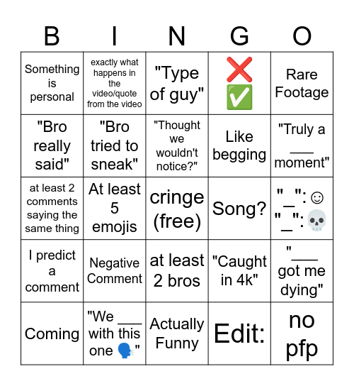 youtube shorts comments Bingo Card