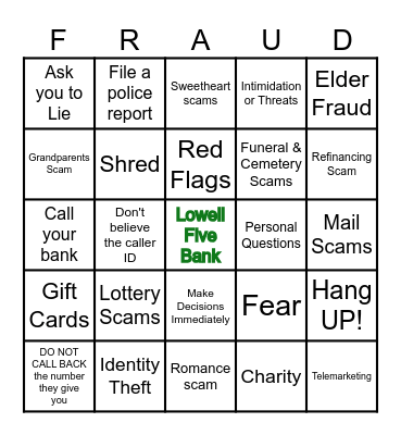 Senior Fraud Presentation Bingo Card