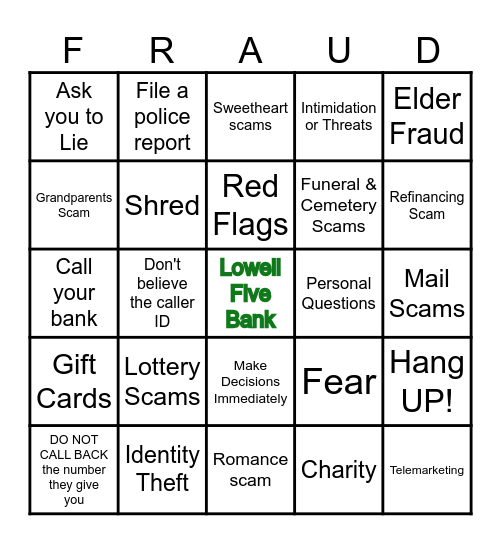 Senior Fraud Presentation Bingo Card