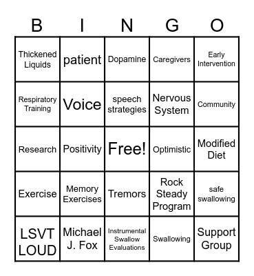 Parkinson's Disease Bingo Card