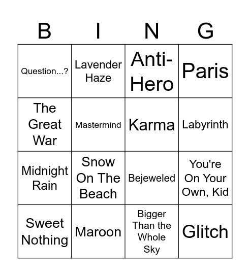 Midnights Bingo Card
