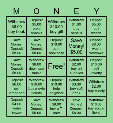 Earn, Save, Spend Bingo Card