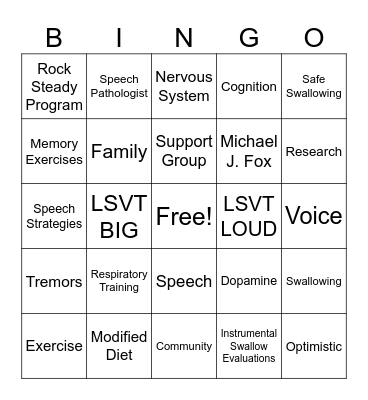 Parkinson's Disease Bingo Card
