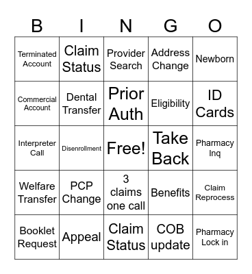 Call Flow Bingo Card