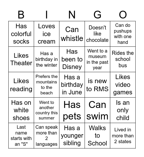 Middle School BINGO: Find someone who... Bingo Card