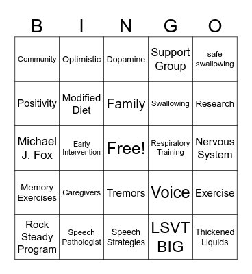 Parkinson's Disease Bingo Card