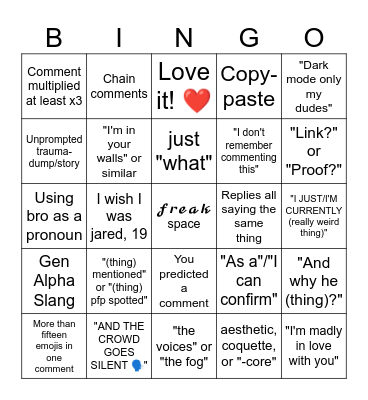 Pinterest Comment Section Bingo Card
