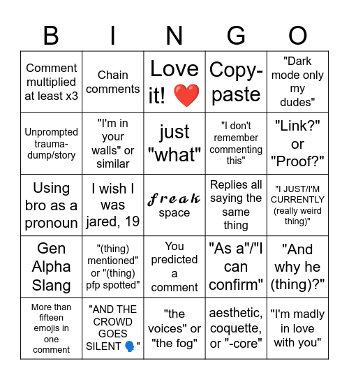 Pinterest Comment Section Bingo Card