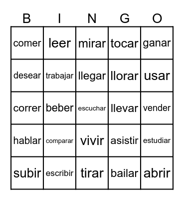 Final Exam Verbs - Español I Bingo Card