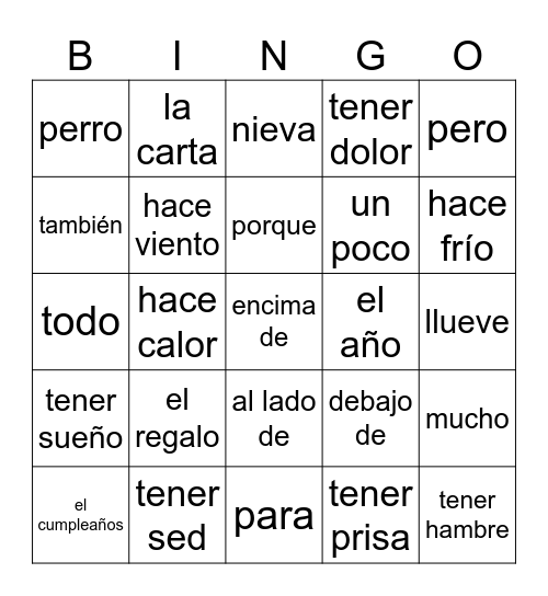 Final Exam Vocabulary - Español I Bingo Card