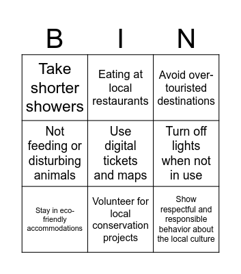 Sustainable Travel and Tourism Bingo Card