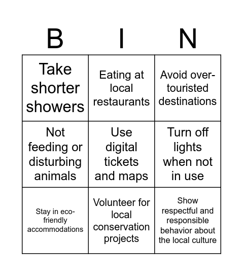 Sustainable Travel and Tourism Bingo Card