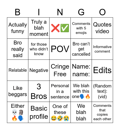 Shorts comment sections Bingo Card
