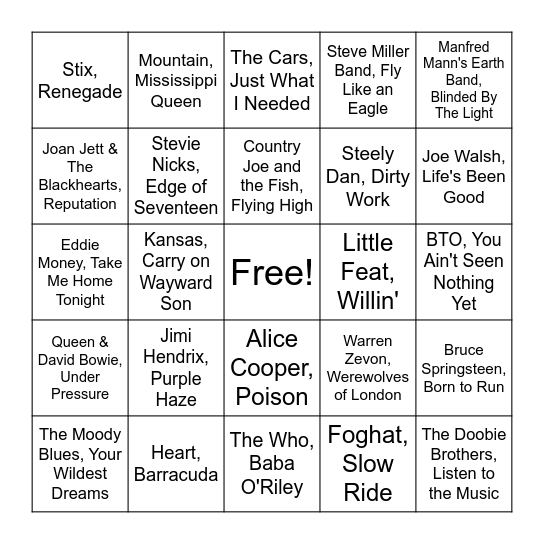 Classic Rock Bingo Card