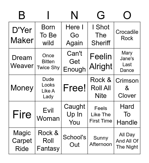 Classic Rock Hit Mix Bingo Card