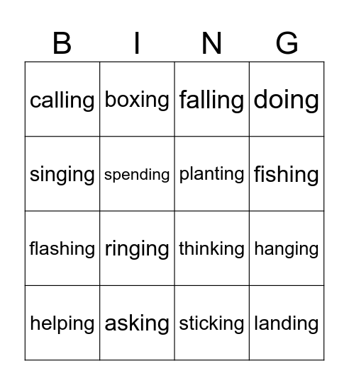 "ing" ending Bingo Card