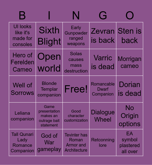 Dragon Age 4: Name Pending Bingo Card