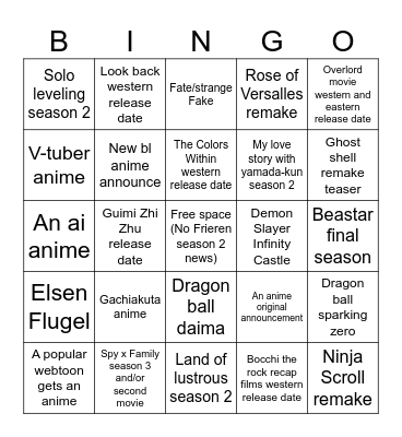 Anime Expo 2024 Bingo Card