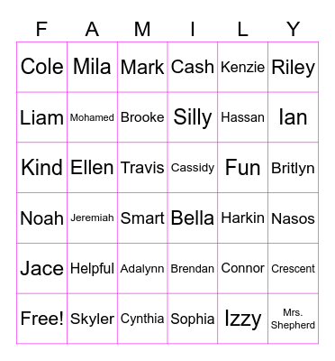 Room 603 Family! Bingo Card