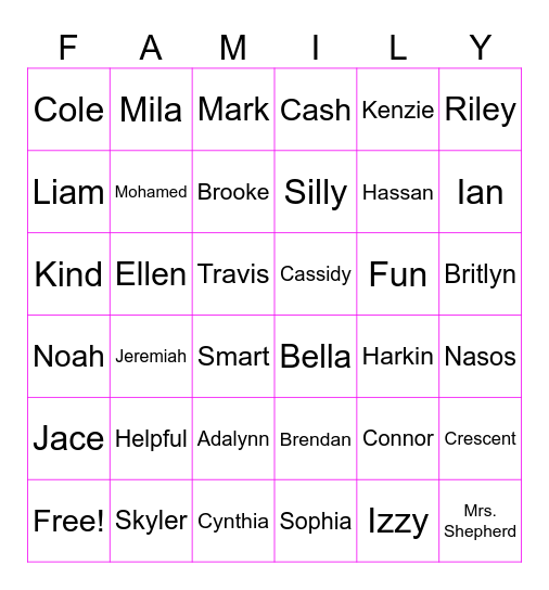 Room 603 Family! Bingo Card