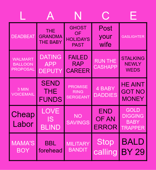 L. A. N. C. E. Bingo Card