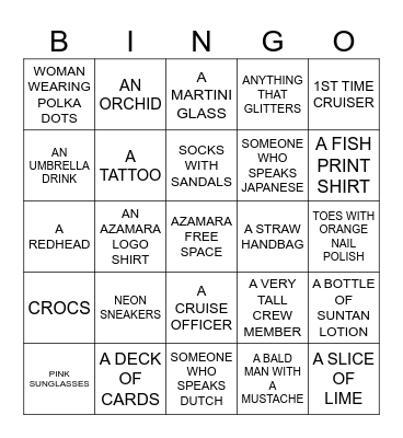 AZAMARA CRUISE SCAVENGER BINGO Card