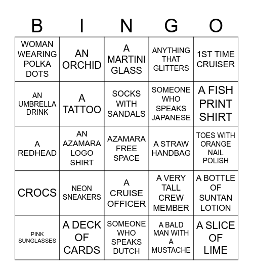 AZAMARA CRUISE SCAVENGER BINGO Card