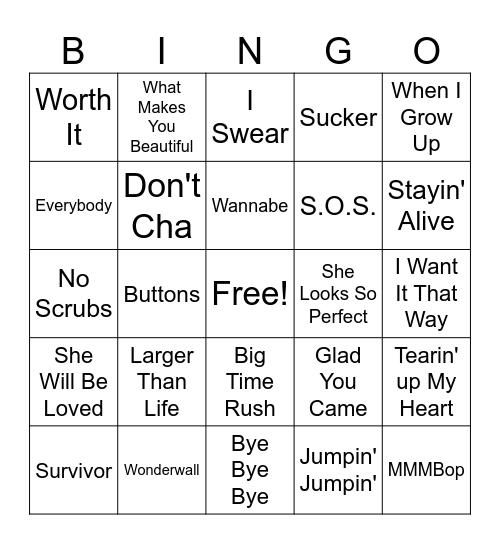 Boybands v Girlbands Bingo Card