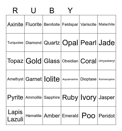 Gems Bingo Card