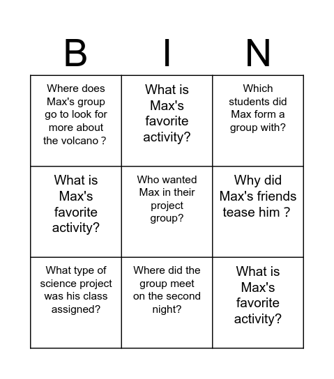 In-Text Question Bingo Card