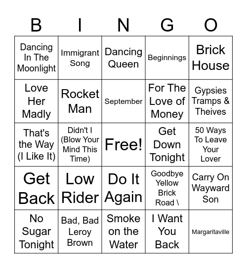 1970's Hit Mix Bingo Card
