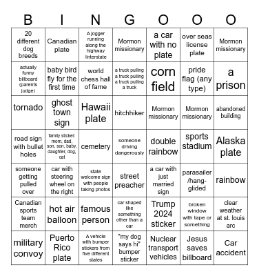 Extreme Road Trip Bingo Card