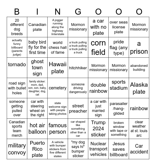 Extreme Road Trip Bingo Card