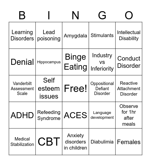Child & Adolescent/ Eating Disorders Bingo Card