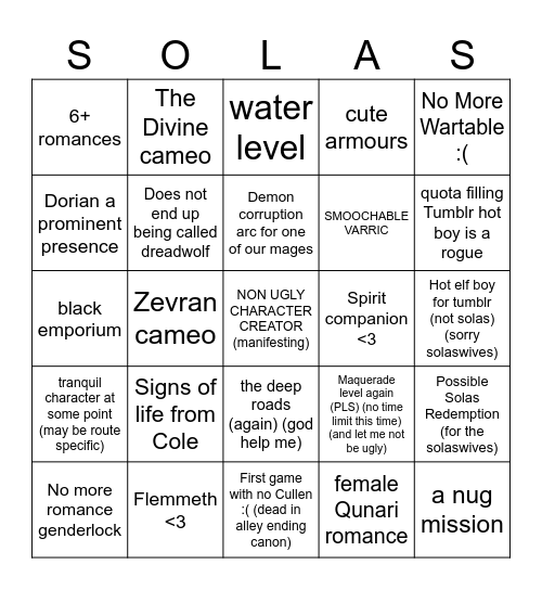 Dragon Age 4 Bingo Card