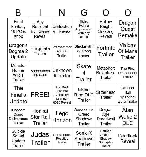 Summer Game's Fest 2024 Bingo Card
