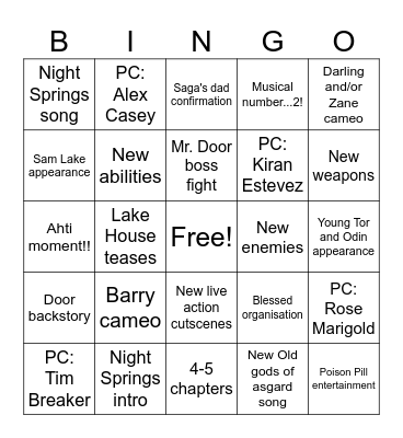 Night Springs DLC bingo Card