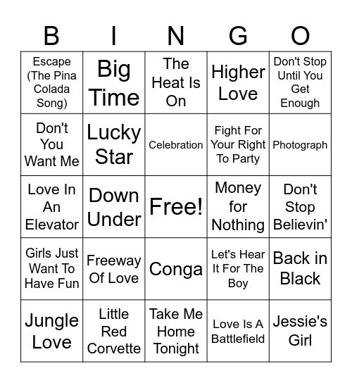 1980's Hit Mix Bingo Card