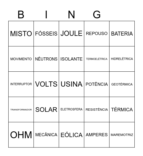 ELETRICIDADE Bingo Card