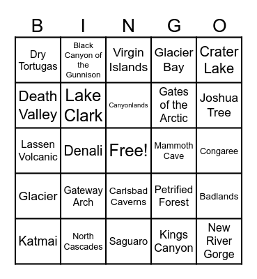 National Park Bingo Card