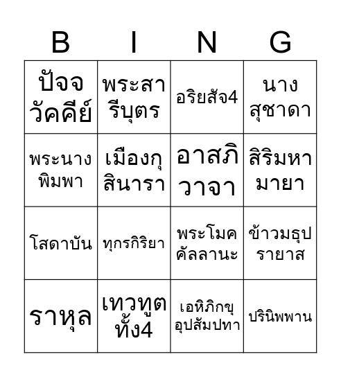 บิงโกพุทธประวัติ Bingo Card