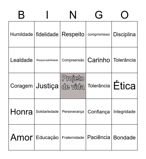 BINGO DOS VALORES Bingo Card